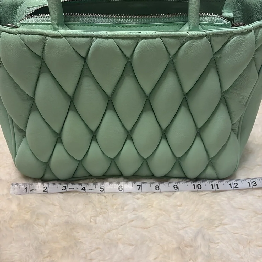 Ecostitch vegan leather Mint Grn puffy woven Tote top handles cross body strap